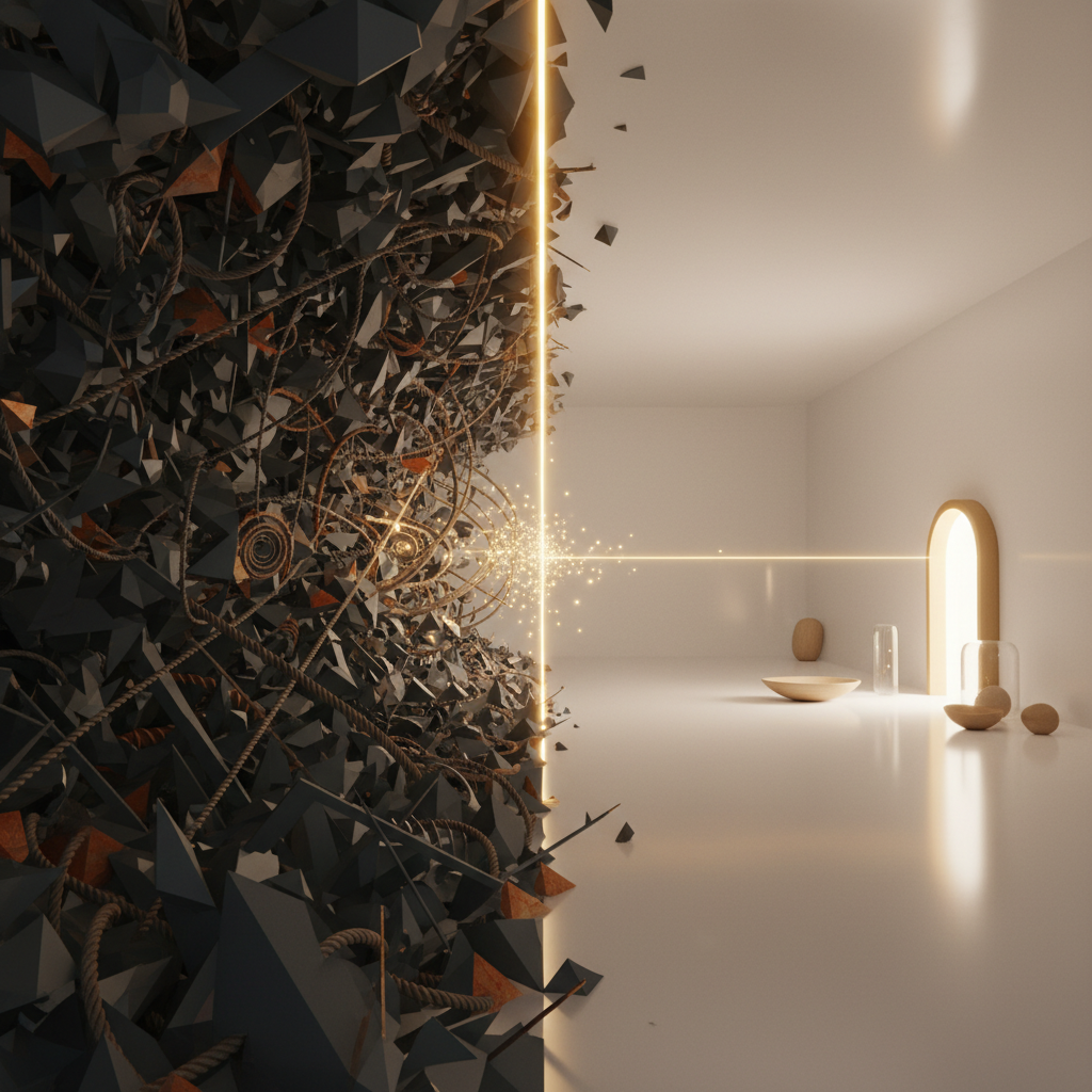 Konzeptionelle Darstellung einer leuchtenden Abkürzung, die das elterliche Chaos in Struktur verwandelt, um stressfreie Eltern-Hacks zu nutzen.