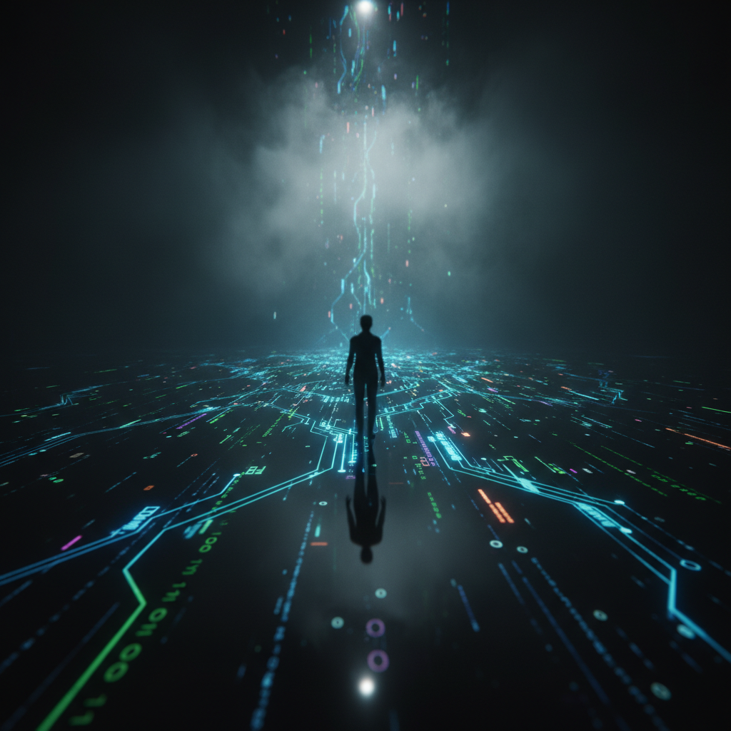 Symbolbild für den wachsenden digitalen Fußabdruck von Kindern, dargestellt als endloser Schatten aus Code und Daten auf einer dunklen Oberfläche.