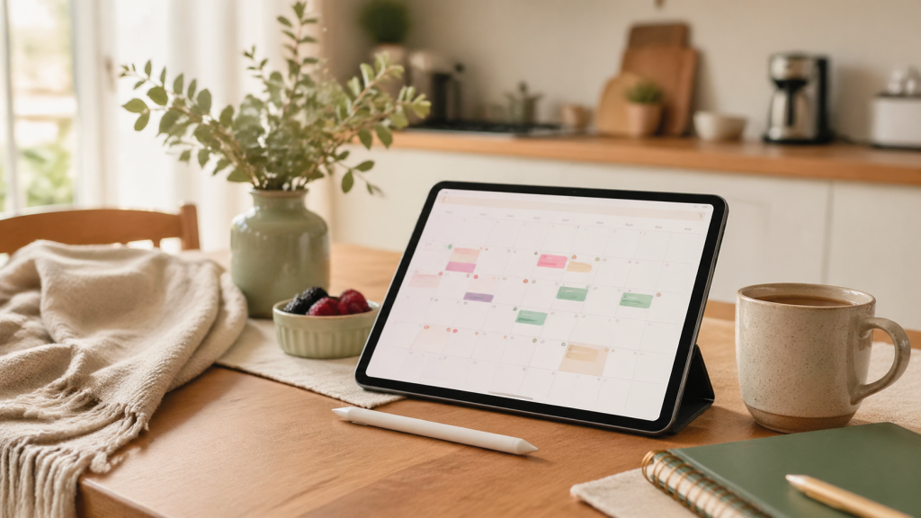Kuechentisch mit Familienkalender auf Tablet, Notizstift und ruhiger Alltagsstimmung.