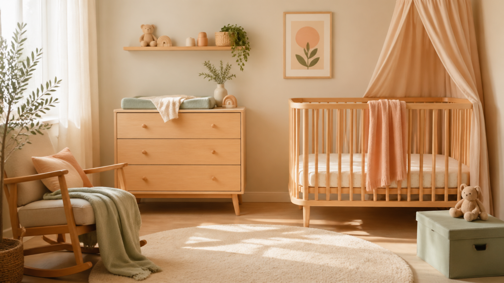 Ruhiges, helles Babyzimmer mit wenig sichtbaren Dingen, warmen Holztoenen und geschlossener Aufbewahrung.