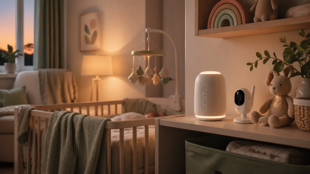 Ruhige Abendstimmung im Babyzimmer mit White-Noise-Geraet, Babyphone und warmer Lampe.