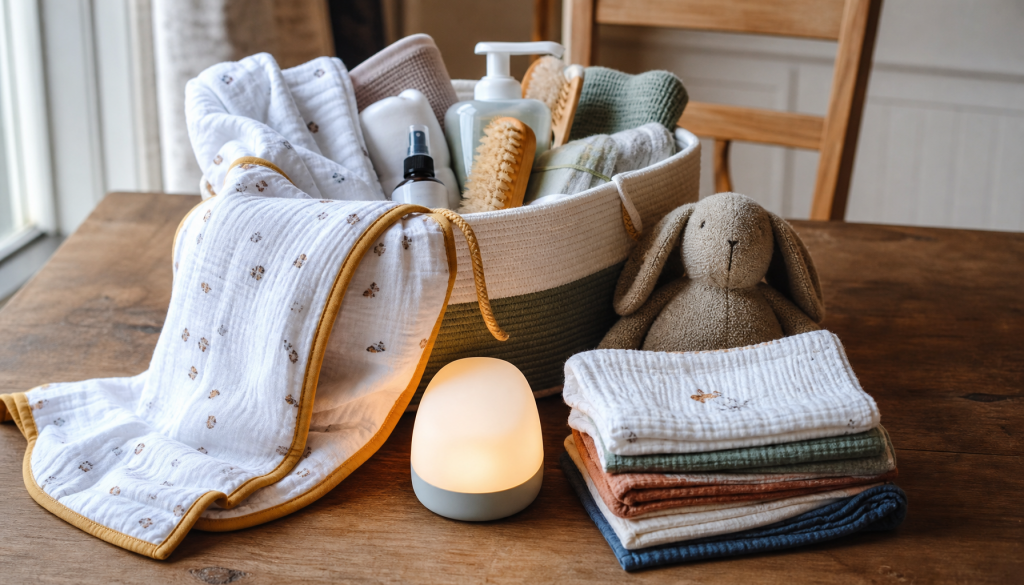 Praktische Babyparty-Geschenke wie Musselindecke, Waschlappen, Nachtlicht und Kuscheltier auf einem Tisch