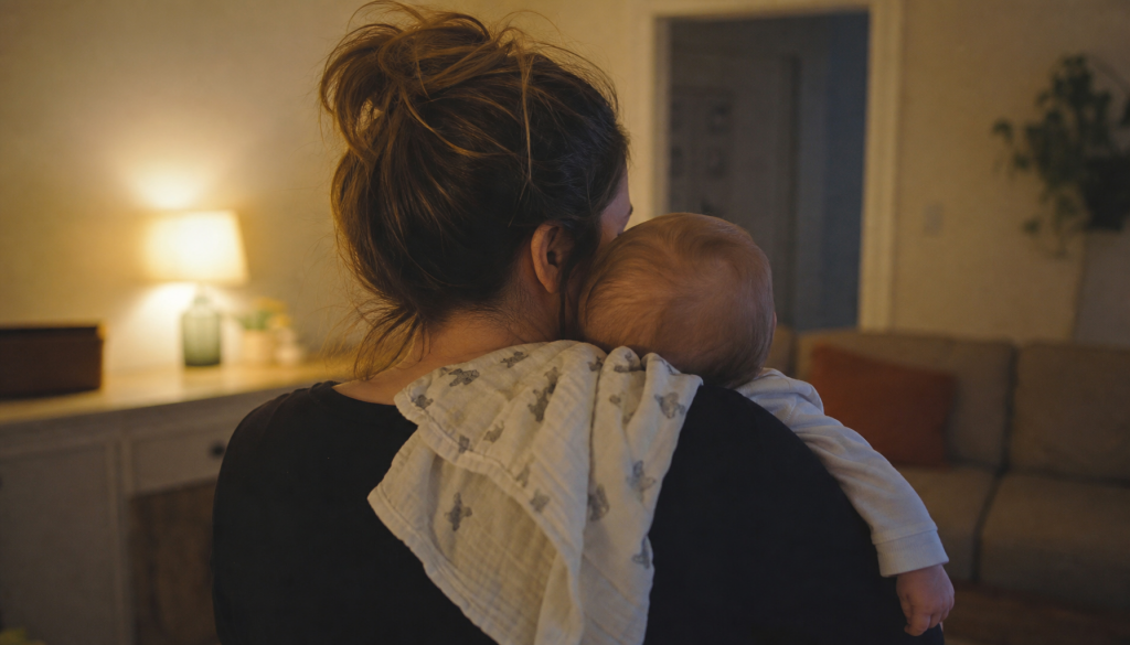 Elternteil hält ein Baby abends ruhig an der Schulter in gedimmtem Licht