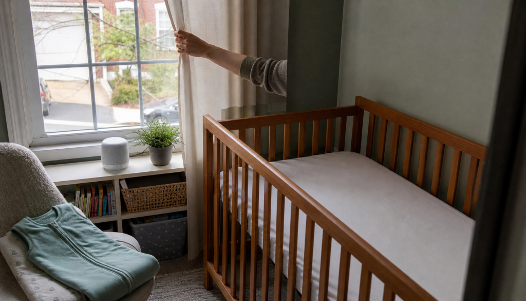 Helles Babyzimmer mit Schlafsack, Vorhang und ruhiger Tagschlaf-Atmosphäre