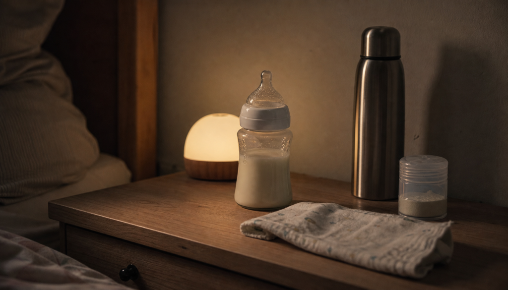 Vorbereitete Babyflasche, Thermoskanne und Portionierer stehen nachts griffbereit auf einer Kommode