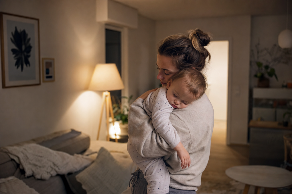 Elternteil mit Baby im Arm bei einer ruhigen Abendroutine in einer warm beleuchteten Wohnung