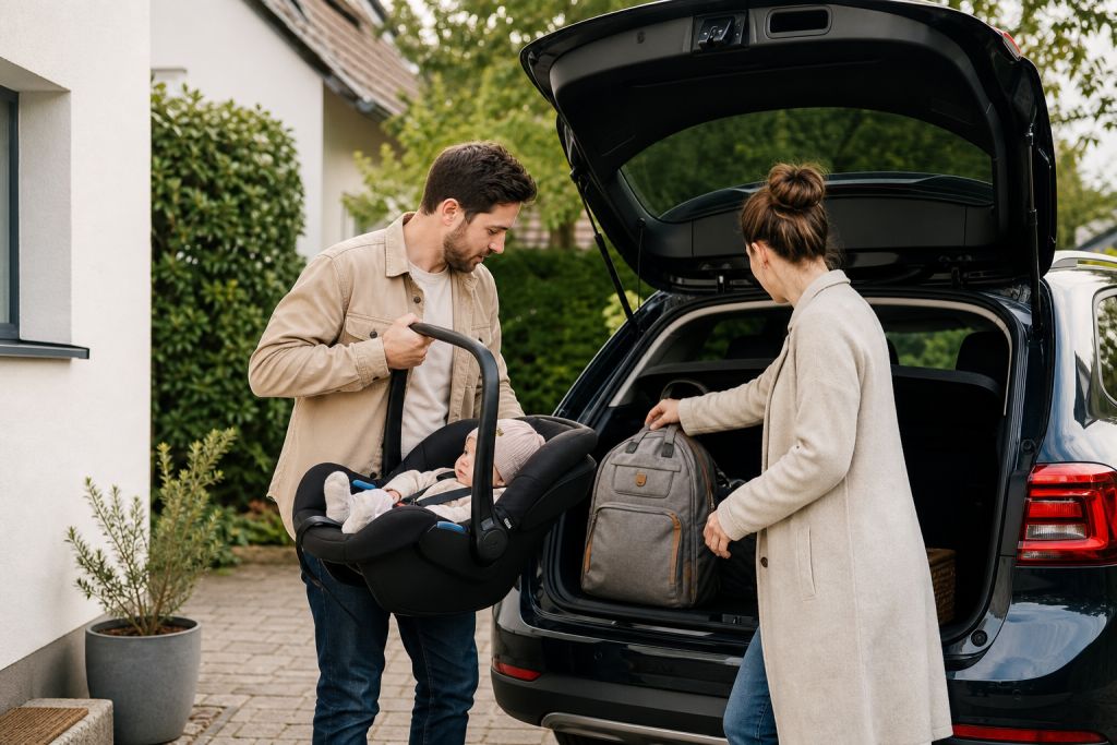 Eltern bereiten eine Autofahrt mit Baby vor und packen entspannt Tasche und Auto