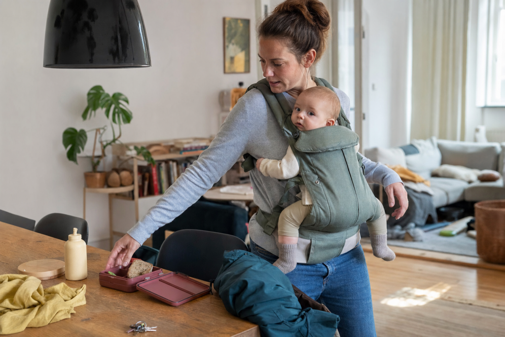 Elternteil traegt ein Baby in einer Babytrage waehrend des Familienalltags in der Wohnung