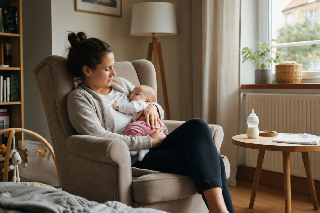 Elternteil beobachtet ruhig ein Baby, das gerade weniger trinken moechte, in einer entspannten Alltagsszene zu Hause