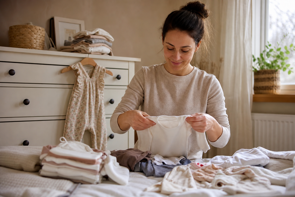 Eltern sortieren alltagstaugliche Babykleidung in verschiedenen Groessen auf einer Kommode
