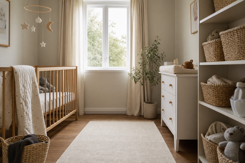 Minimalistisch eingerichtetes Babyzimmer mit Babybett, Wickelkommode und einfacher Aufbewahrung