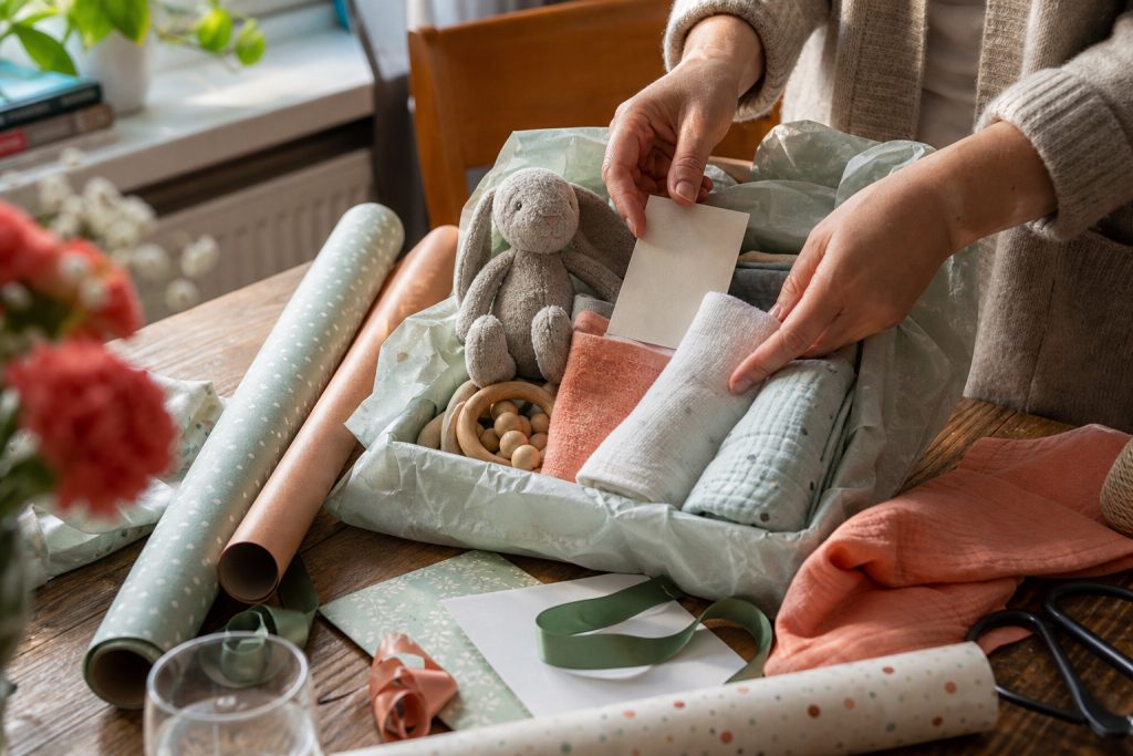 Praktisch verpackte Geschenkideen zur Babyparty auf einem hellen Familientisch
