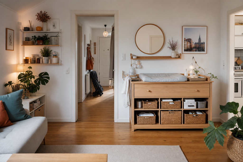 Kleine Wohnung mit Baby: gut organisierter Wohnraum mit Stauraum, freien Wegen und multifunktionalen Möbeln