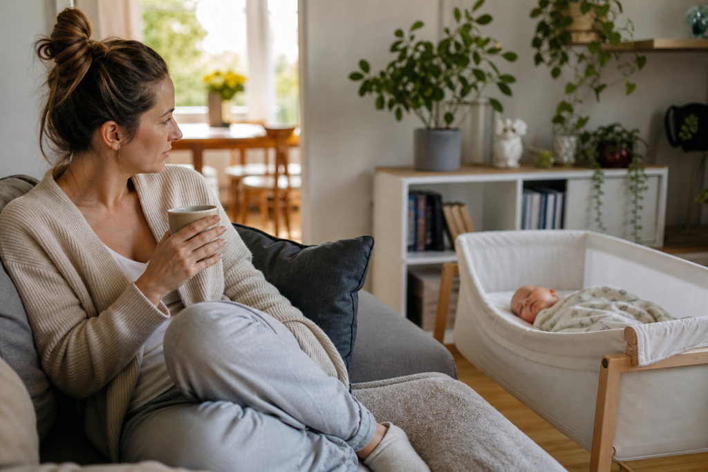 Mutter beobachtet ihr Baby beim kurzen Tagschlaf in einer ruhigen Alltagsszene zuhause