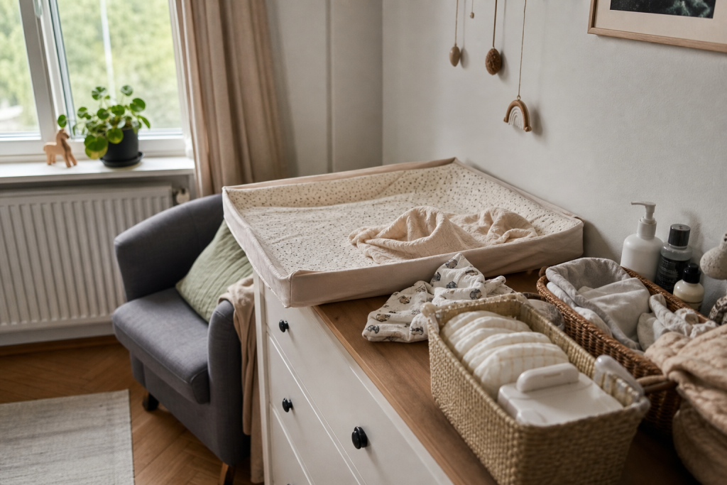Praktisch organisierter Wickelplatz mit Windeln, Feuchttuechern und Babykleidung in Griffnaehe