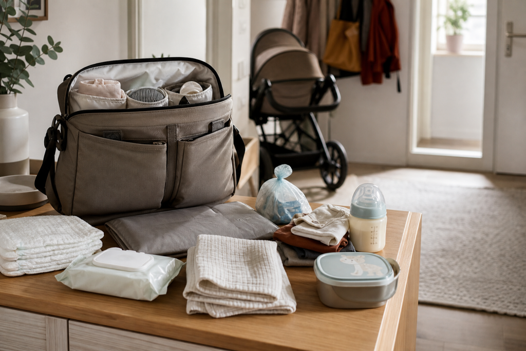 Geoeffnete Wickeltasche mit den wichtigsten Babysachen fuer unterwegs, ordentlich und alltagstauglich gepackt.