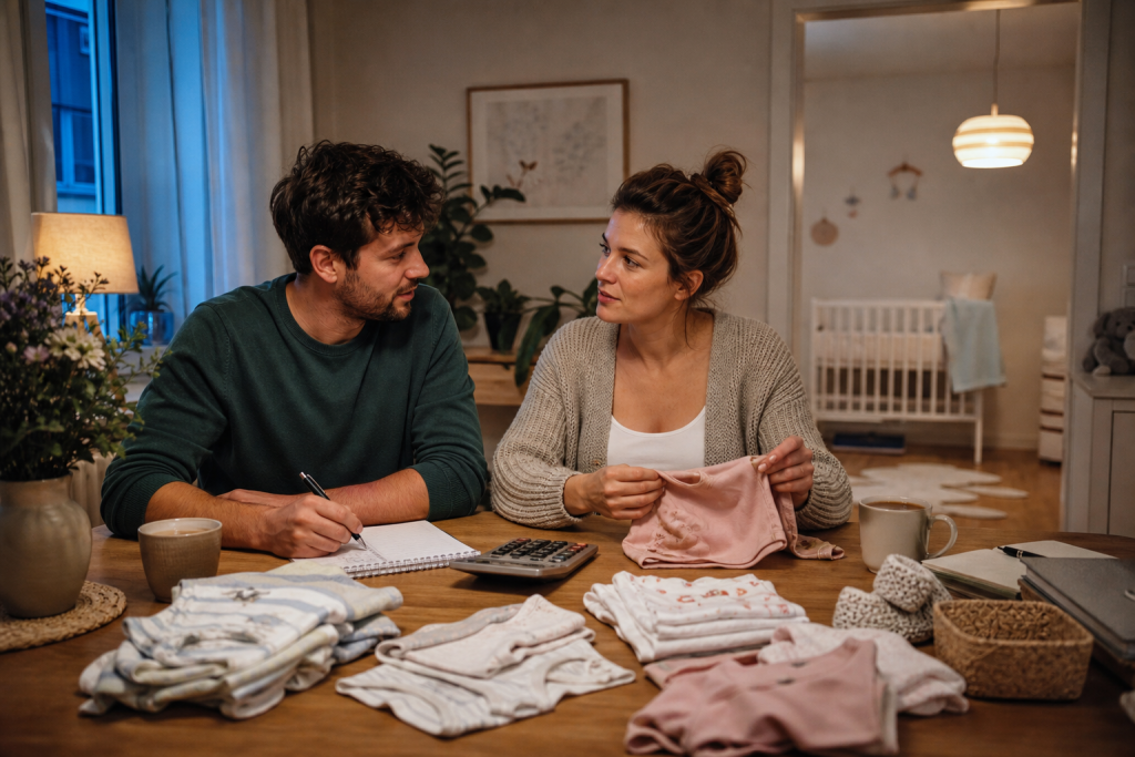 Werdende Eltern planen am Esstisch die Baby-Erstausstattung mit Liste, Babykleidung und kleinem Budget.
