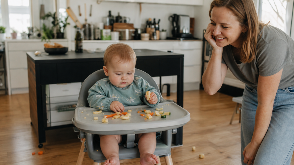 Baby im Hochstuhl beim Baby-led Weaning mit etwas Kleckerei, waehrend ein Elternteil ruhig und gelassen daneben sitzt