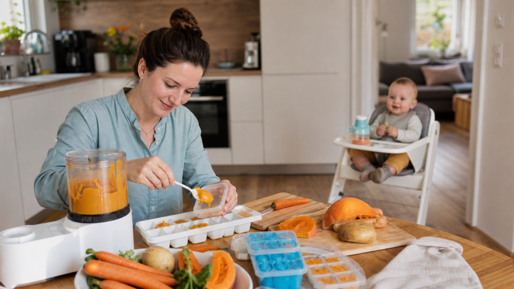 Elternteil portioniert Babybrei in kleine Behaelter zum Einfrieren in einer hellen Familienkueche