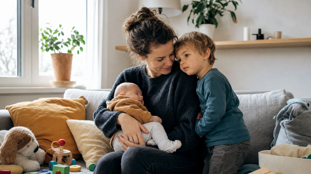 Elternteil mit Baby auf dem Arm und Geschwisterkind im Wohnzimmer bei einem ruhigen Familienmoment