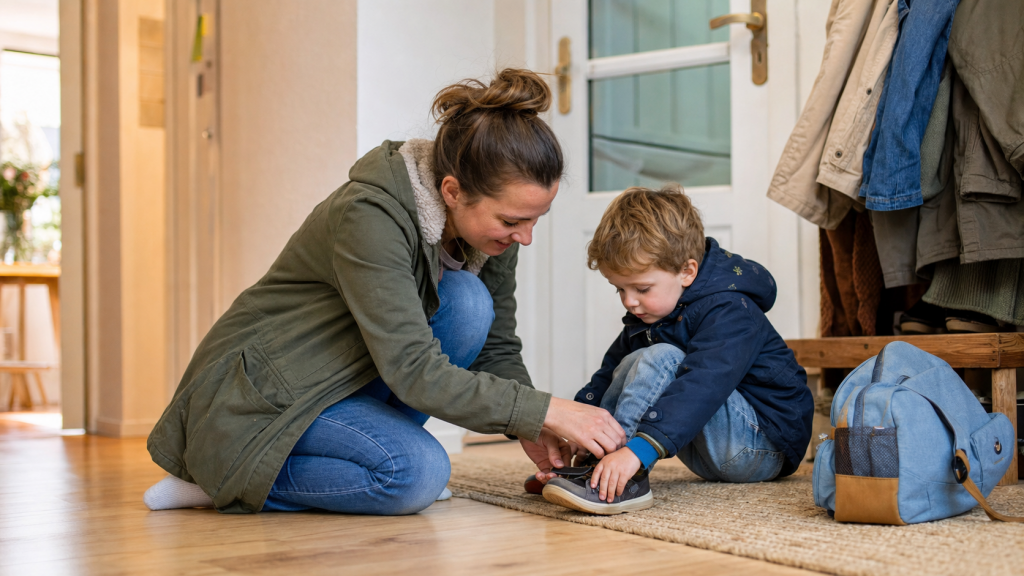 Elternteil hilft einem Kleinkind morgens vor dem Kita-Start beim Schuhe anziehen