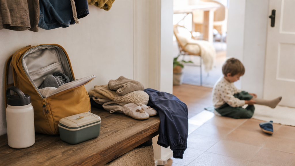 Kita-Start Packliste mit Kinderrucksack, Trinkflasche, Brotdose, Wechselkleidung und Hausschuhen im Flur