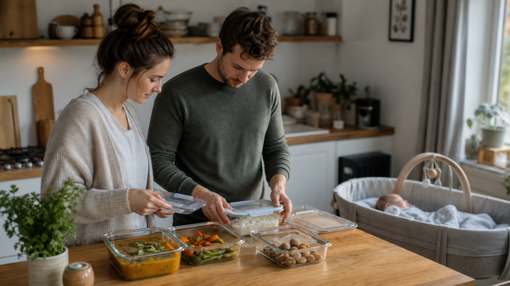 Einfache Meal-Prep-Vorbereitung in einer gemütlichen Küche für junge Eltern mit vorbereiteten Mahlzeiten und Snacks im Babyalltag