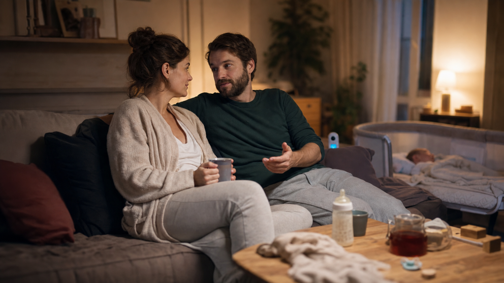 Ein Paar mit Baby sitzt abends muede aber verbunden auf dem Sofa und spricht ruhig miteinander.
