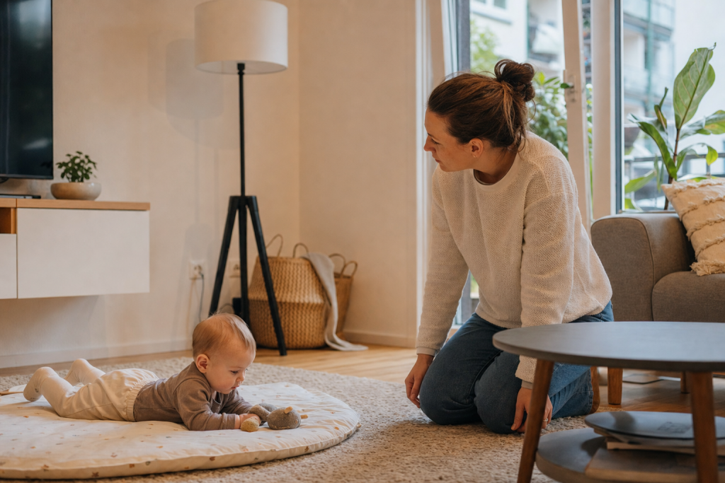 Elternteil macht das Wohnzimmer babysicher und betrachtet den Raum auf Augenhoehe eines Babys