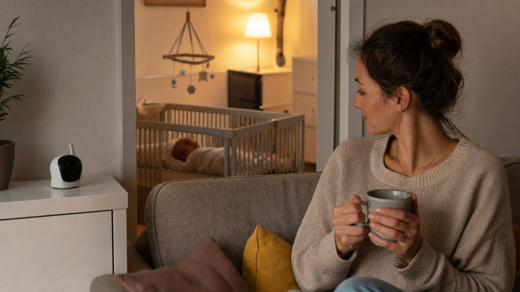Mutter sitzt abends entspannt auf dem Sofa, während ein Babyphone das schlafende Baby im Nebenzimmer begleitet