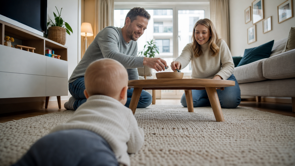 Wohnzimmer aus Baby-Perspektive mit gesicherten Kabeln, aufgeraeumtem Boden und niedrigem Regal fuer das Krabbelalter